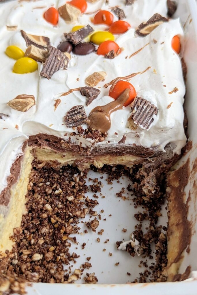 The ultimate No Bake Chocolate Peanut Butter Lasagna - a high protein, low fat, low sugar and low calorie dessert with layers of chocolate and peanut butter goodness!
