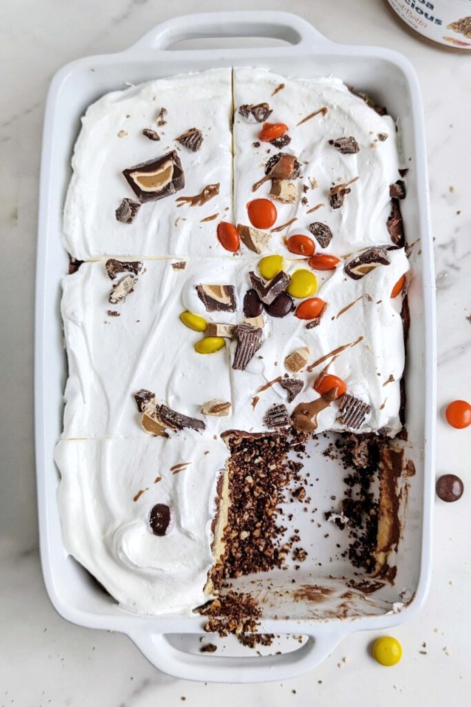 The ultimate No Bake Chocolate Peanut Butter Lasagna - a high protein, low fat, low sugar and low calorie dessert with layers of chocolate and peanut butter goodness!