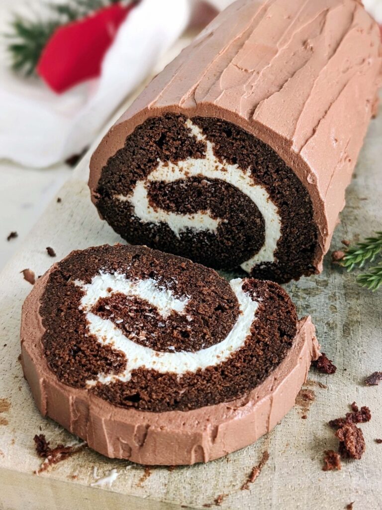 Protein Chocolate Log Cake is a real Christmas showstopper! Low calorie, low fat, sugar free and healthy Yule log made with protein powder - the perfect roll for sure.