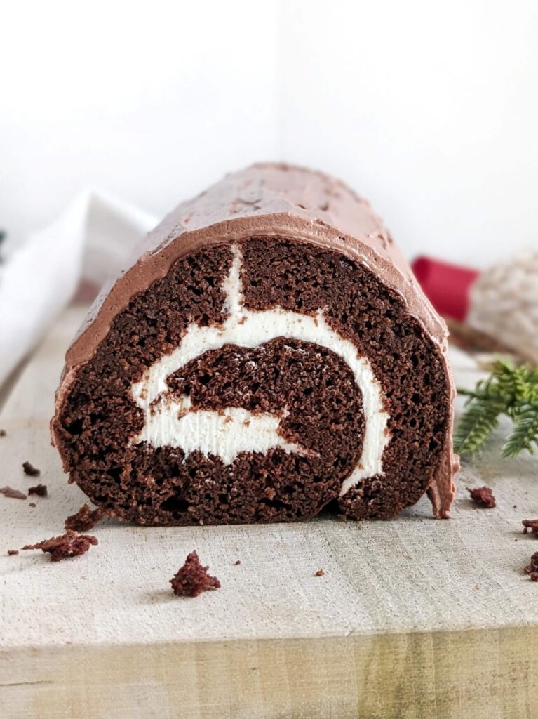 Protein Chocolate Log Cake is a real Christmas showstopper! Low calorie, low fat, sugar free and healthy Yule log made with protein powder - the perfect roll for sure.