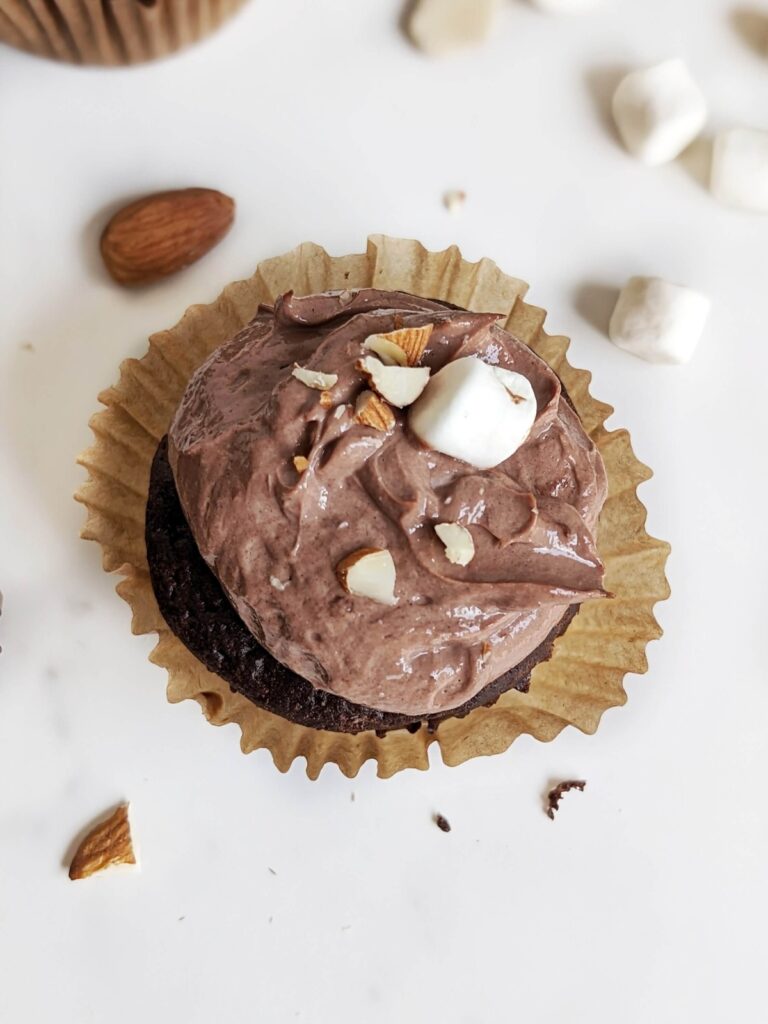 Surprise Rocky Road Protein Cupcakes with a marshmallow almond filling! Healthy, low fat and low sugar rocky road cupcakes are perfect for a party.