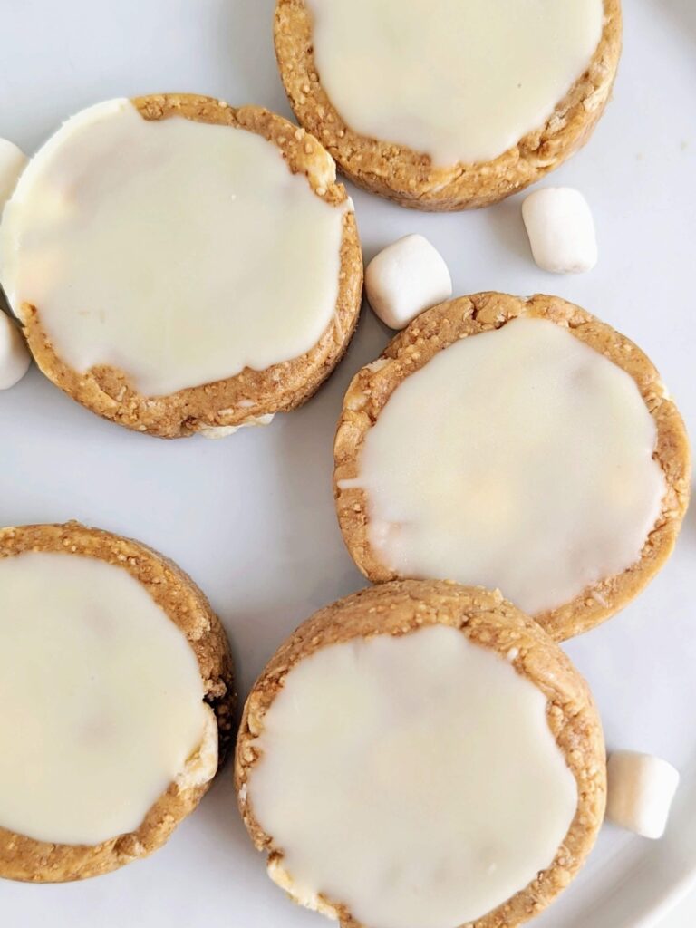 Perfect High Protein Caramel Marshmallow Bars made with protein powder and peanut butter powder. Caramel Marshmallow Protein Bites are perfect for a healthy, low sugar and low fat snack or post workout treat.