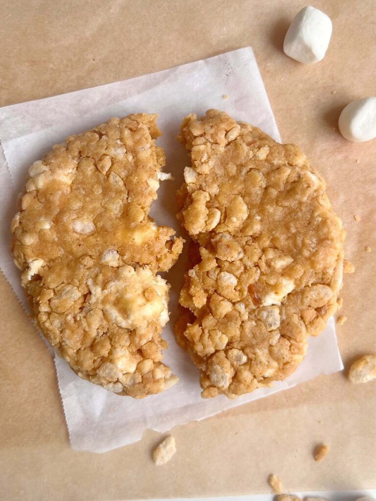 No Bake Rice Krispie Protein Cookie recipe for one made in 5 minutes! This healthy rice krispie treat cookie uses protein powder and peanut butter powder for an extra boost of protein and flavor.