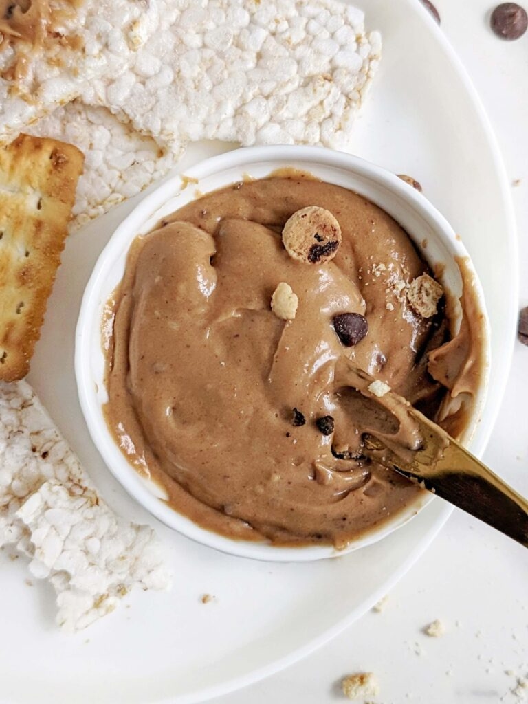 The best Chocolate Chip Cookie Butter recipe made with real chocolate chip cookies, protein powder and peanut butter powder. An easy, healthy, high protein, low sugar and low fat cookie spread.