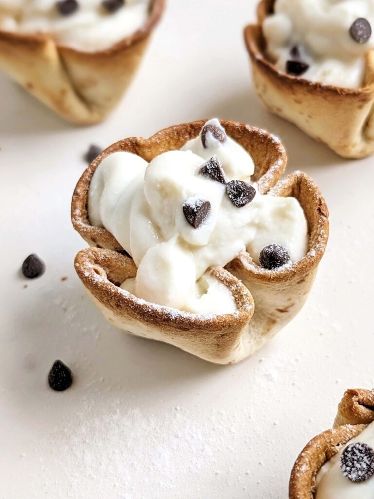 Easy and Healthy Cannoli Recipe with a high protein, sugar free filling in crispy tortilla cups. Protein Cannoli Cups are a baked and healthier alternative to the classic Italian dessert.