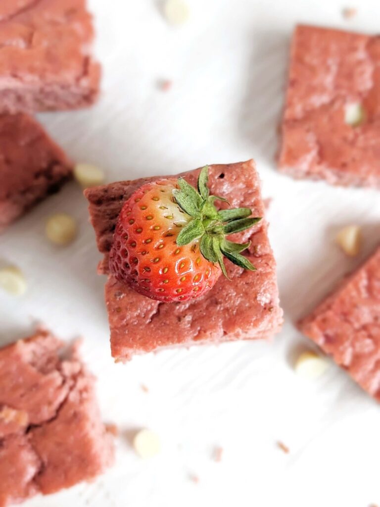 Mind blowing Healthy Strawberry Brownies made with fresh strawberries and protein powder - no cake mix or sugar needed! Protein strawberry brownies are low calorie, low fat, low carb, keto and added sugar free.