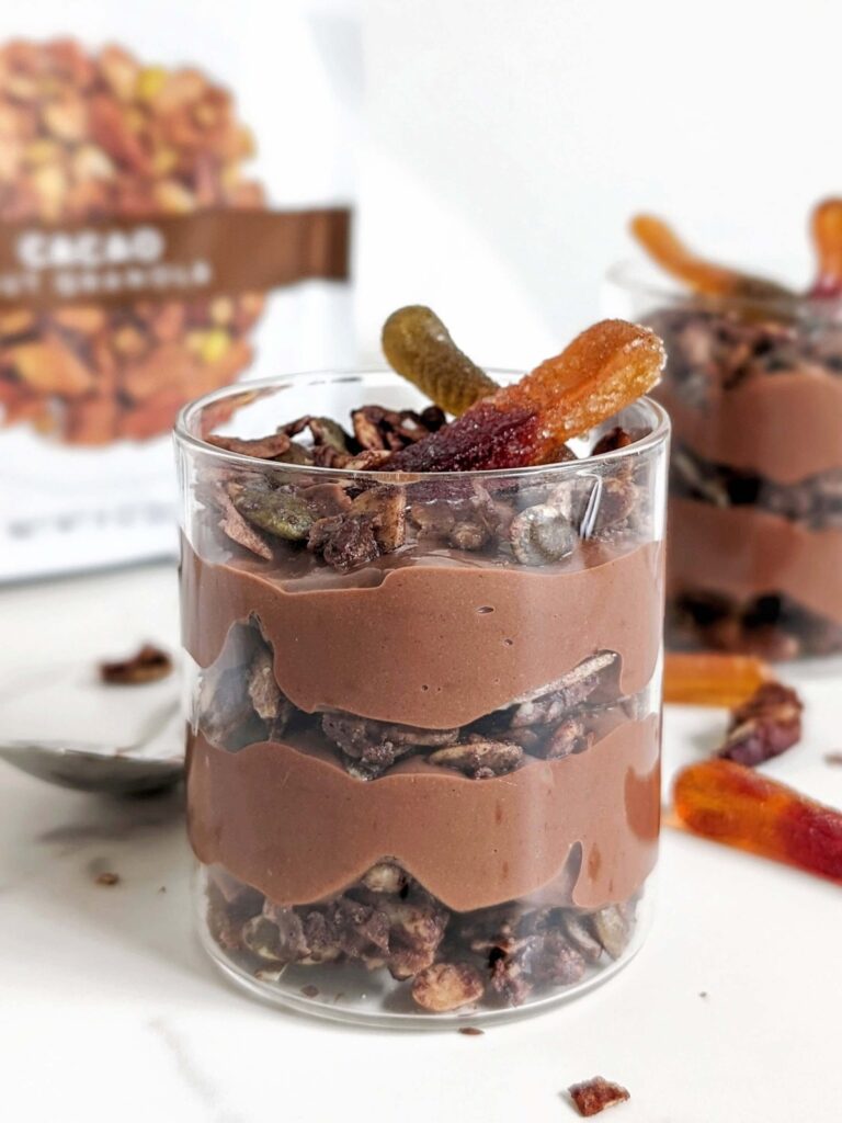 Easy Protein Dirt Pudding with a high protein, low fat and sugar free chocolate pudding and a no sugar chocolate granola. Use protein powder and sugar free Oreos and it’s the perfect healthy Easter treat.