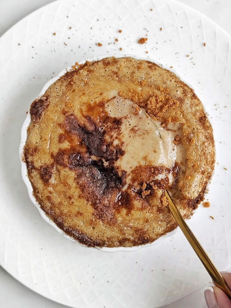 Delicious Healthy Biscoff Self Saucing Pudding made with protein powder, egg whites and biscoff cookies, no extra sugar or butter! A low sugar, low fat and high protein Biscoff pudding cake.