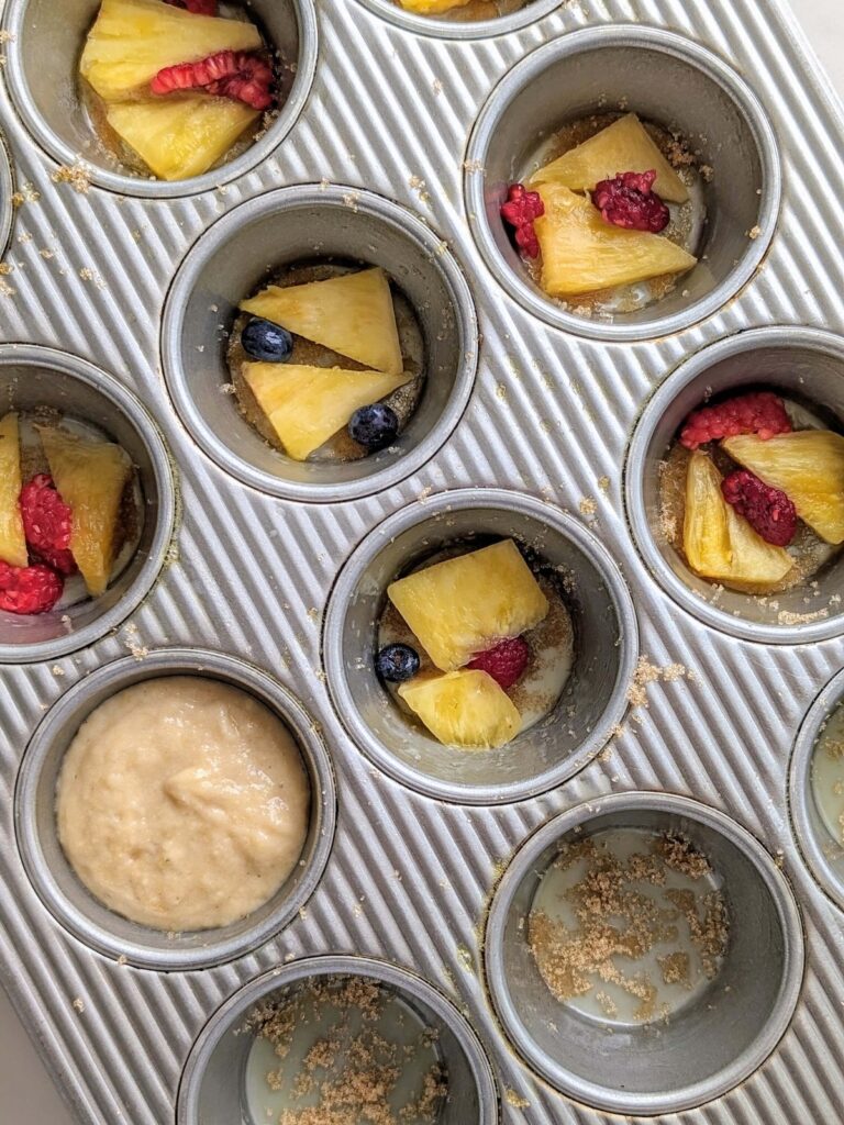 Amazing Healthy Pineapple Upside Down Cupcakes with a high protein pineapple cupcake and a sugar-free top! A delicious high protein, low fat, low calorie and low sugar cupcake recipe!