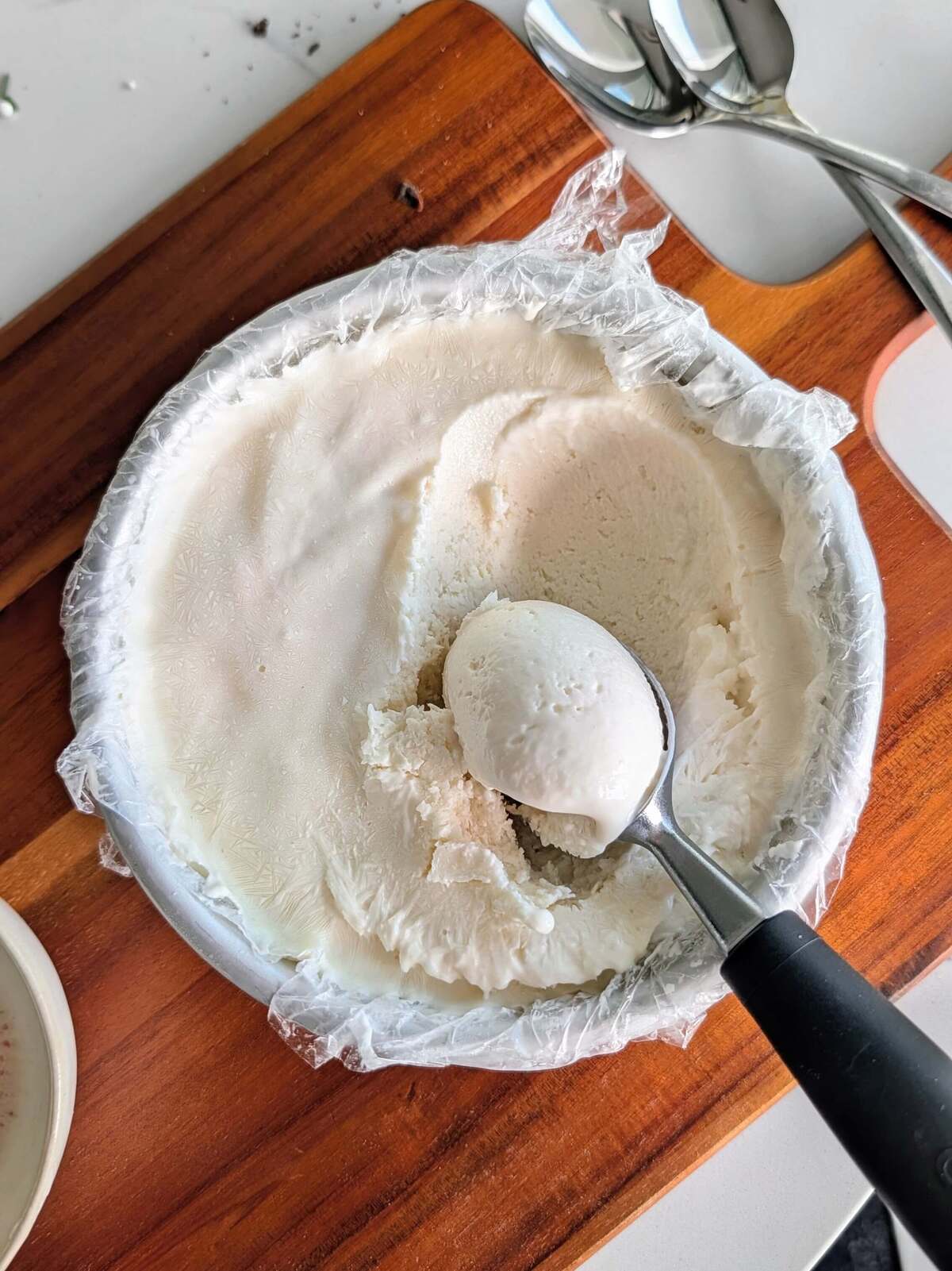 High protein Greek yogurt ice cream — a no banana protein ice cream that's high protein, low sugar, and low fat, made with no ice cream maker or Ninja Creami and perfect for a post-workout treat.