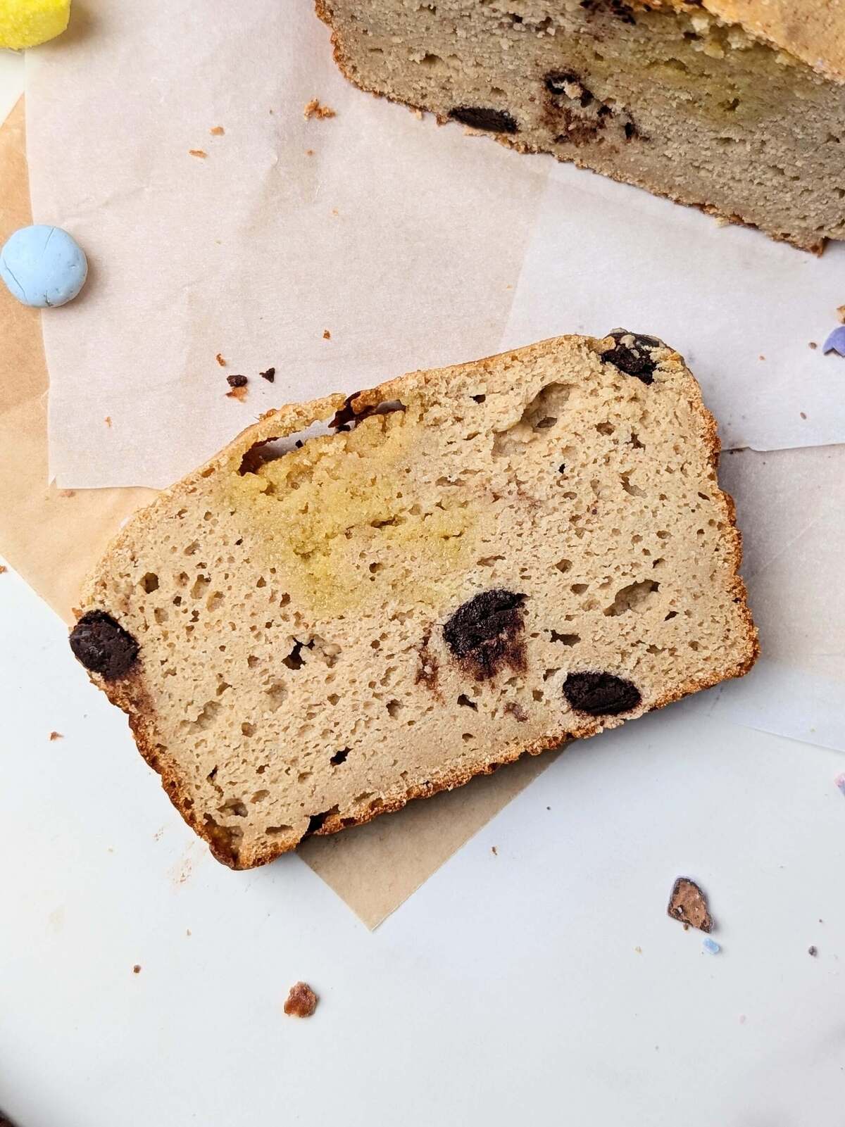 High Protein Healthy Easter Bread recipe loaded with candy coated chocolate and Peeps! A low calorie, low fat and low sugar protein-packed Easter loaf that’s great for a snack or dessert.