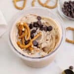The best Salted Caramel Protein Ninja Creami Ice Cream recipe that's creamy and satisfying, but still healthy! An easy, keto friendly salted caramel creami recipe that's even customizable with chocolate chips and pretzels!