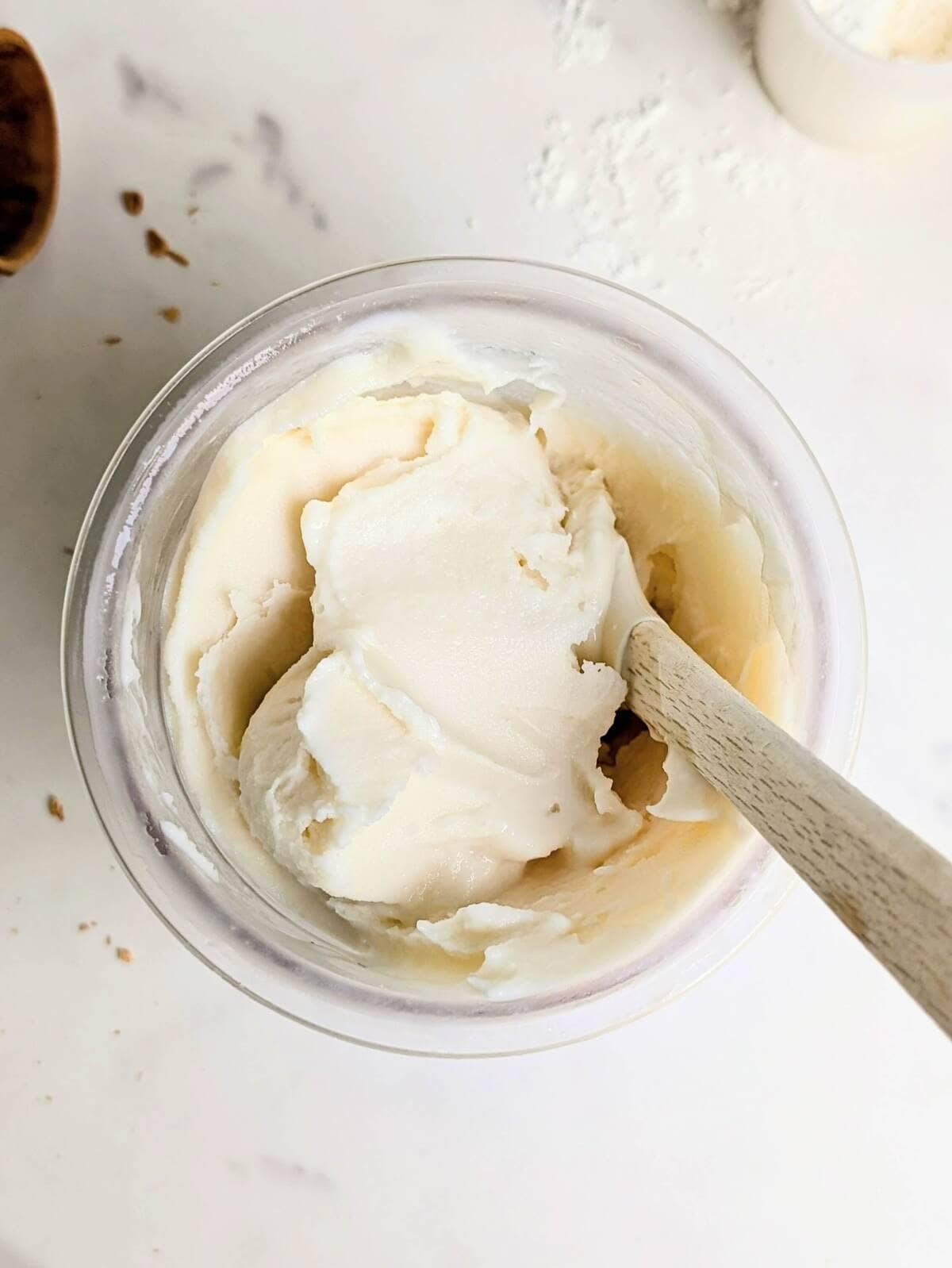 This low-calorie Ninja Creami Vanilla Protein Ice Cream recipe is packed with 40g protein and has no sugar! The perfect recipe for late-night ice cream cravings and the best base for any mix-ins!