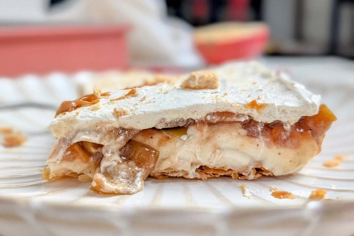 Healthy Apple Pie Lasagna is the ultimate twist on a classic holiday pie. Crunchy pie crust, high protein pudding, low-sugar apple pie filling and protein whipped topping - a decadent dessert without guilt.
