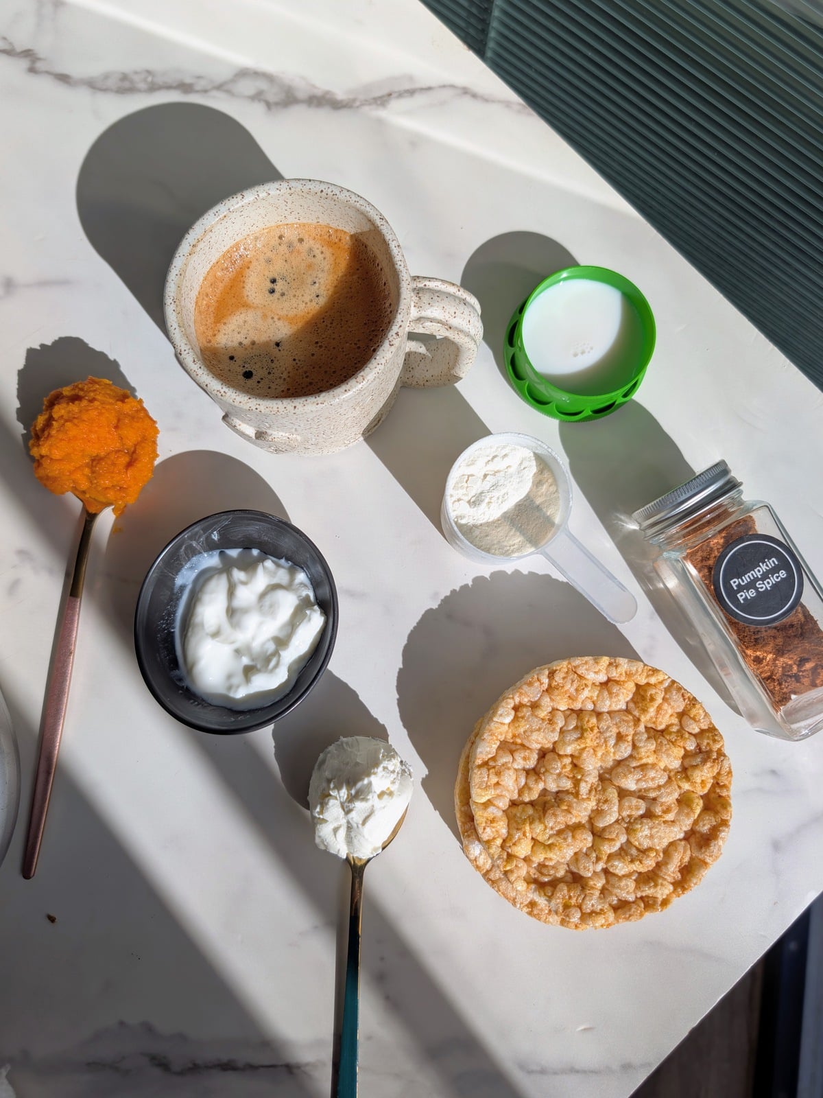 Individual Pumpkin Tiramisu is an no-bake Fall dessert you’re going to love. This easy recipe uses coffee-soaked rice cakes layered with a high protein, low fat pumpkin cream to create a single-serving treat with 34g of protein.