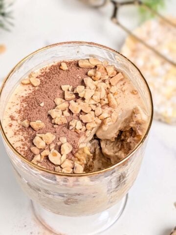 The best easy Caramel Tiramisu recipe that’s high-protein and low sugar made with caramel rice cakes and protein powder. The ultimate macro-friendly caramel toffee tiramisu is a decadent, healthy dessert that hits your protein goals!