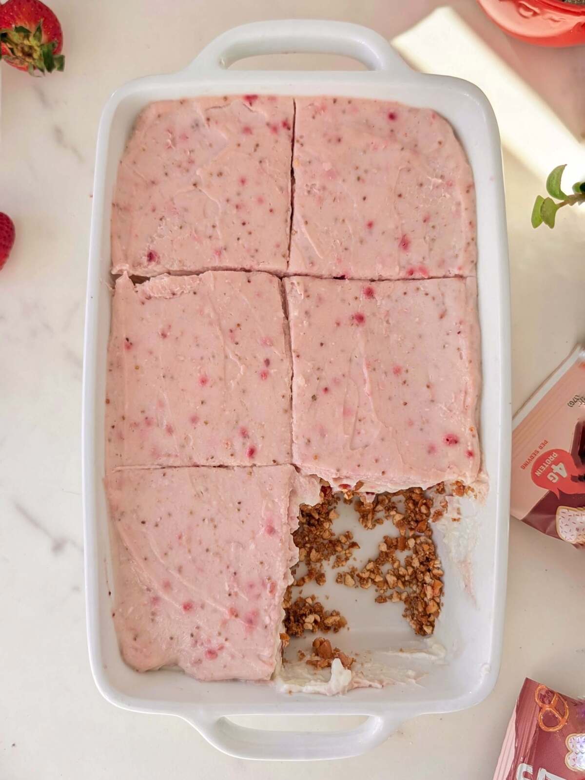 The best healthy strawberry lasagna recipe with sugar free, high protein base and pudding layers! An easy no bake strawberry lasagna recipe with no butter.