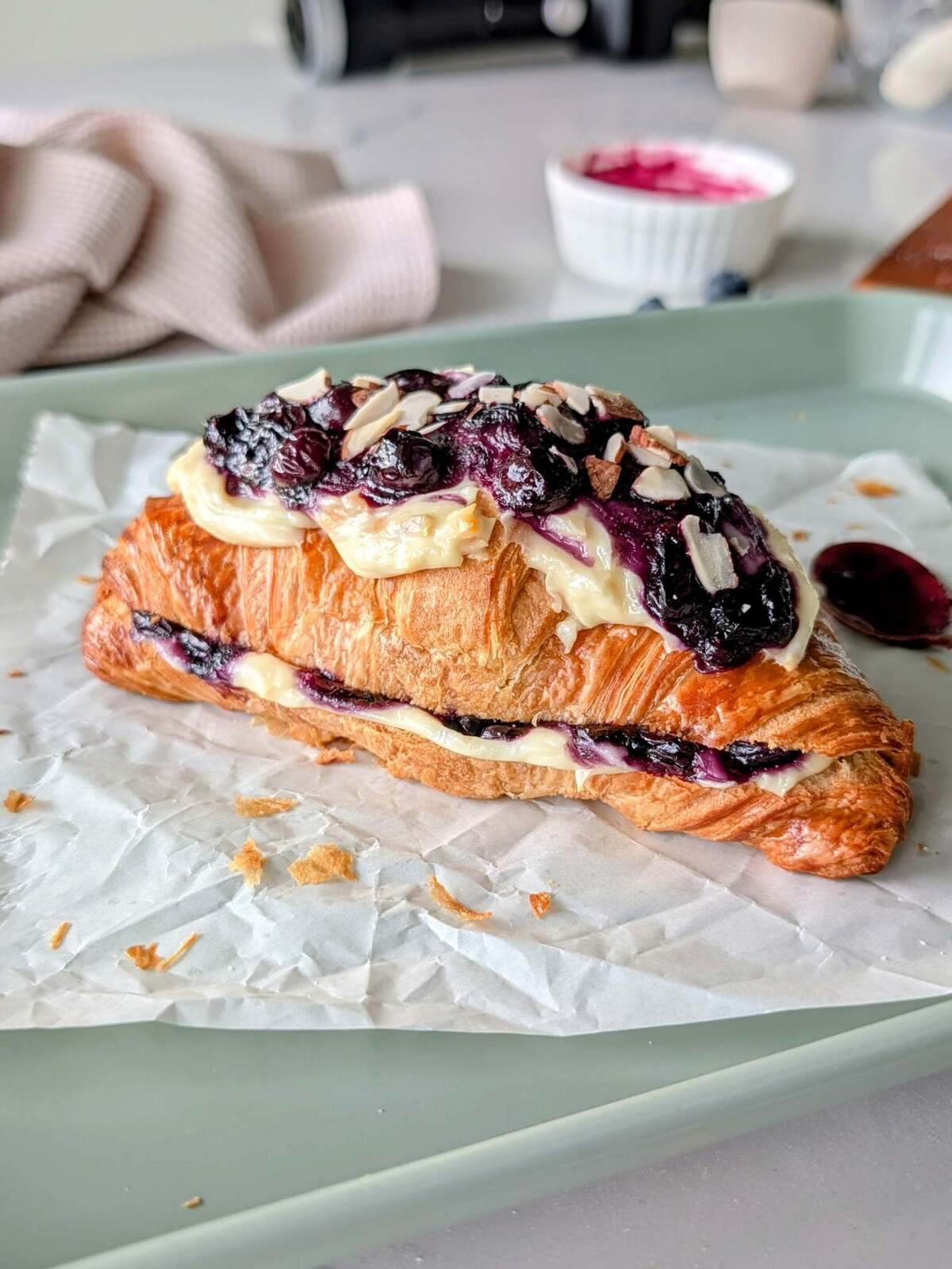Healthy blueberry cheesecake croissant - An easy, high protein, lower calorie viral Costco copycat recipe with protein powder, Greek Yogurt and cottage cheese.