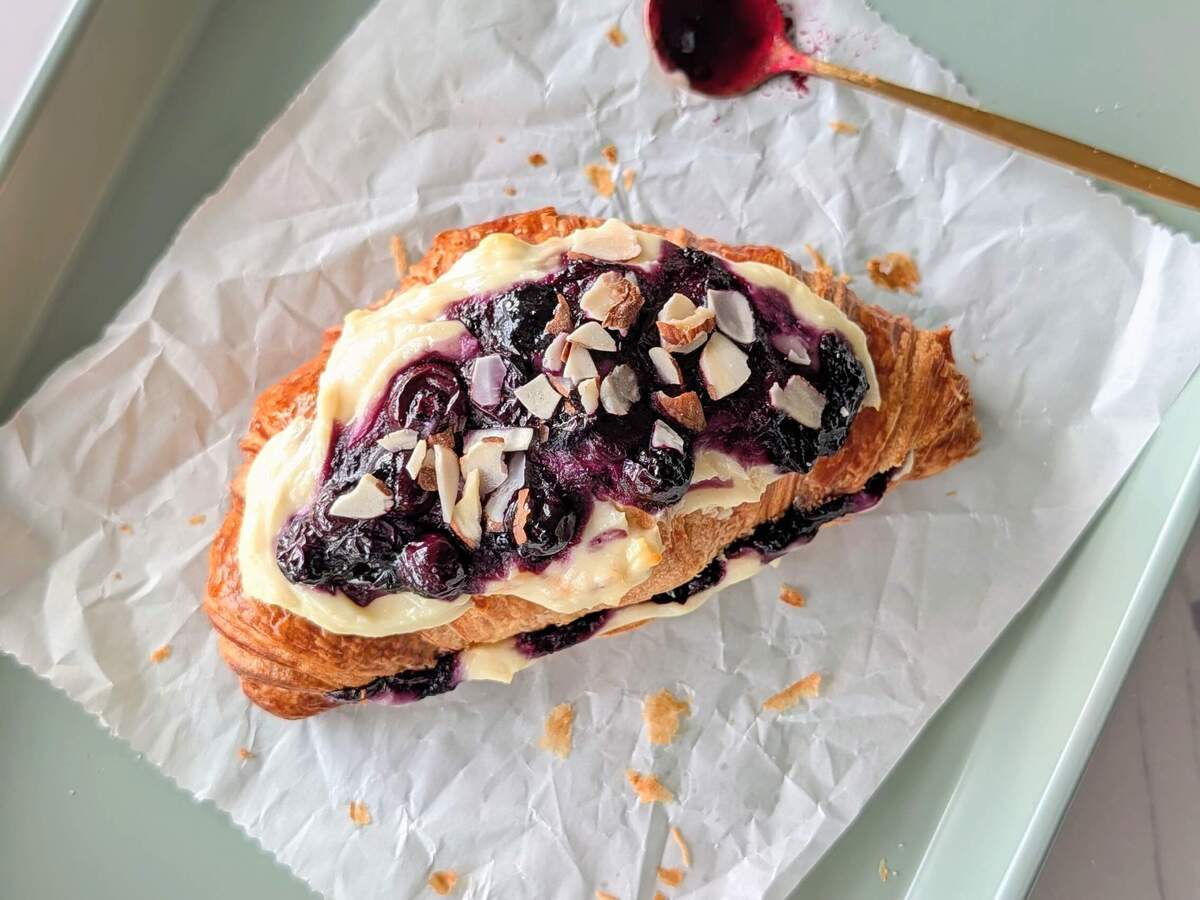 Healthy blueberry cheesecake croissant - An easy, high protein, lower calorie viral Costco copycat recipe with protein powder, Greek Yogurt and cottage cheese.