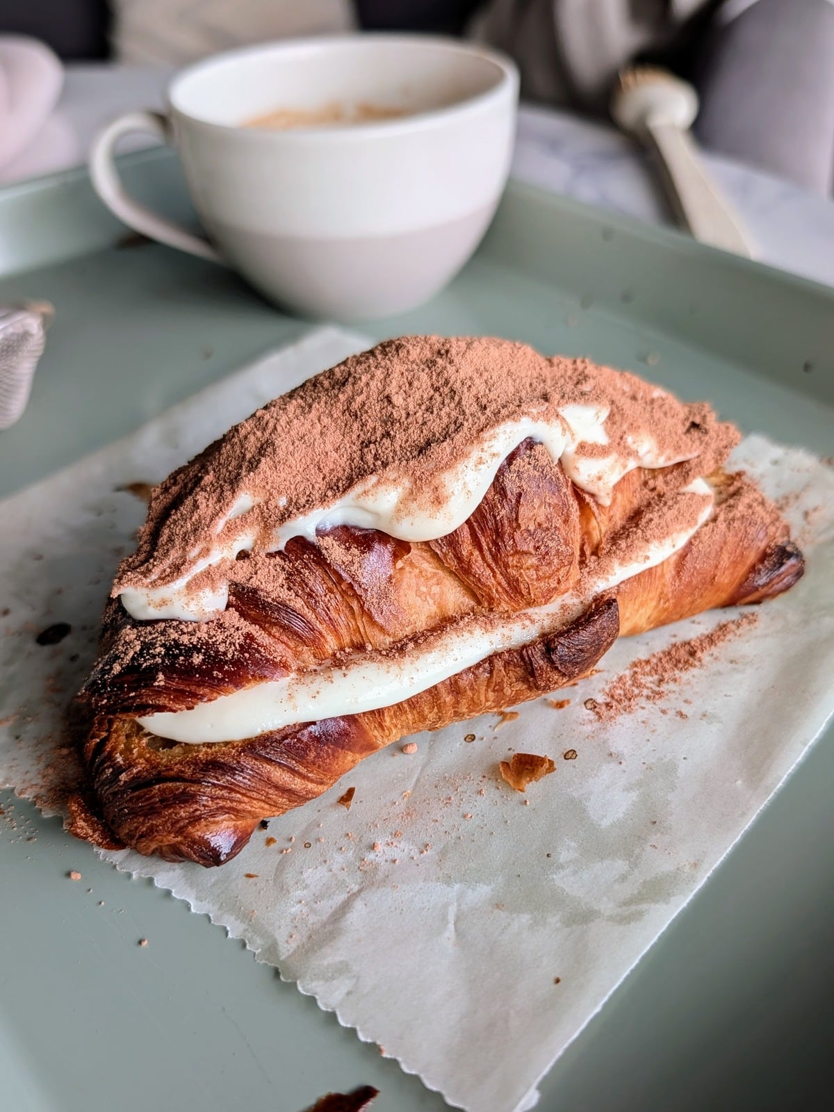 This healthy tiramisu croissant recipe is a high protein bakery hack! This easy stuffed croissant is lower calorie, low sugar and makes an unbelievable breakfast.