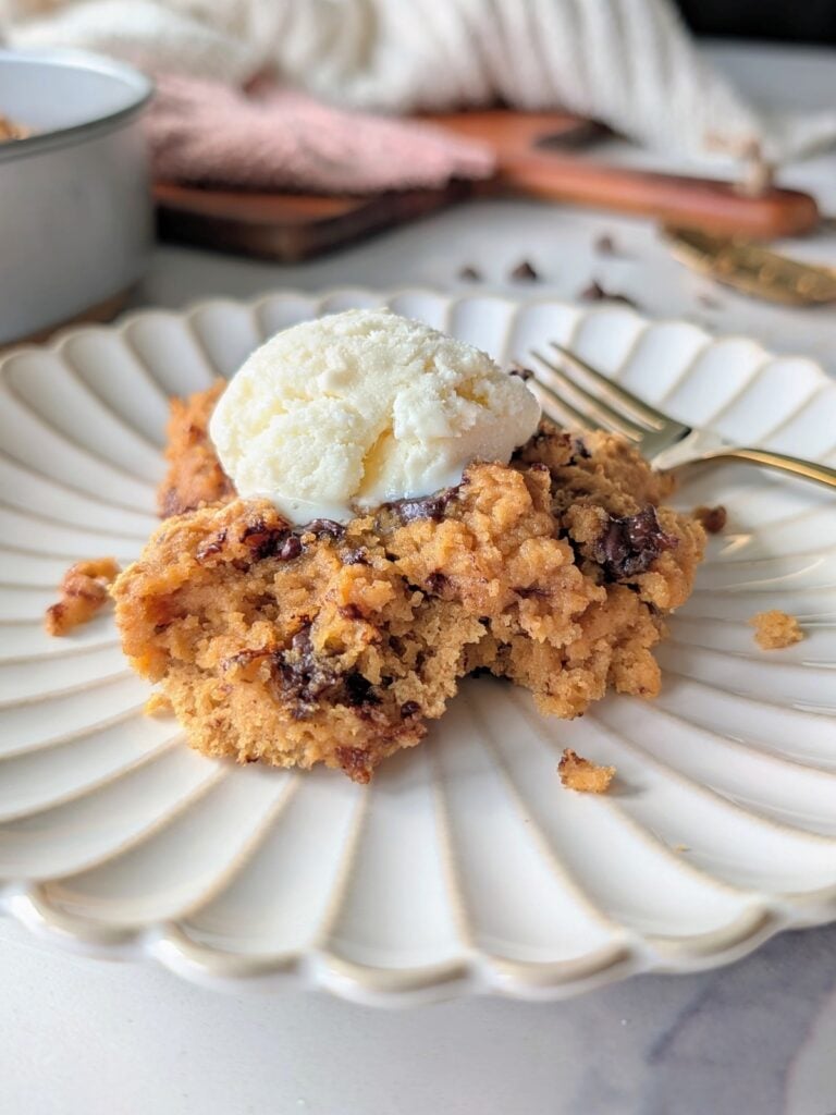 Jump on the trend with this gooey Viral Scoopable Protein Cookie! It's a healthy, low-fat dessert that perfectly nails that underbaked cookie texture.
