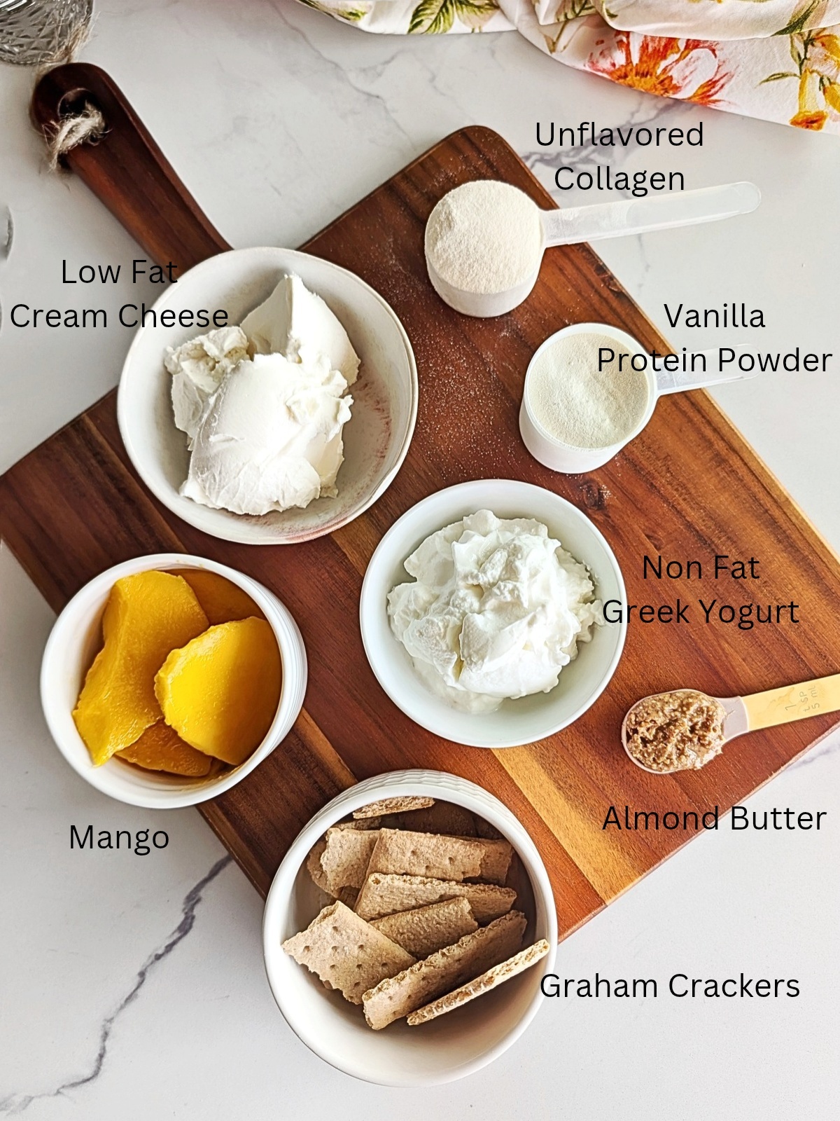 Ingredients for high-protein mango cheesecake.