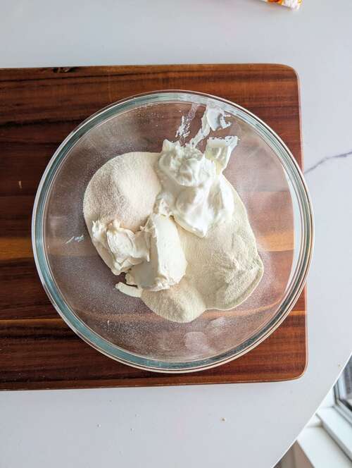 Combine cream cheese, yogurt, protein and collagen