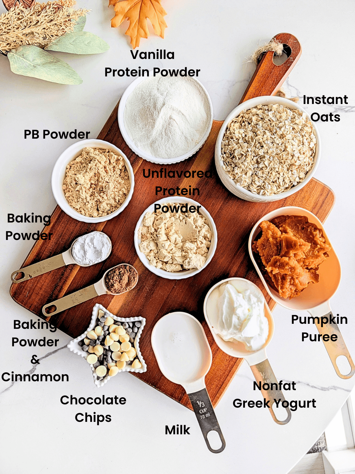 Ingredients for protein pumpkin oat bars made with instant oats, Greek yogurt and protein powder